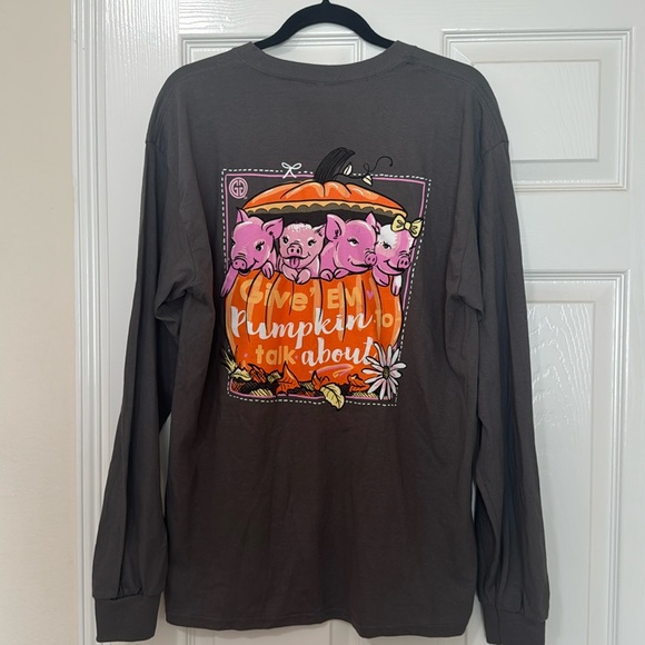 Women’s L/S Gray T-shirt Pumpkins & Pigs Fall Autumn Size L - Picture 1 of 7